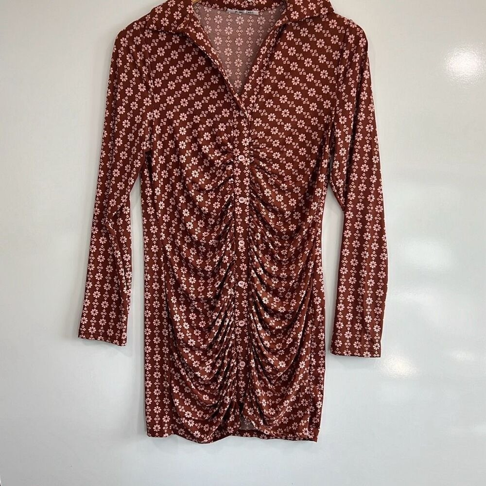 3rd + Malt Brown Pink Floral Ruched Mini Dress Long Sleeve Size M